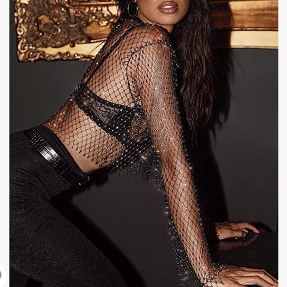 Black beaded and mesh party top - Picture 3 of 3